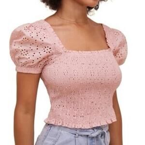 ASTR The Label Revolve Hudson Eyelet Lace Smocked Top Peachy Pink Puff Sleeve L